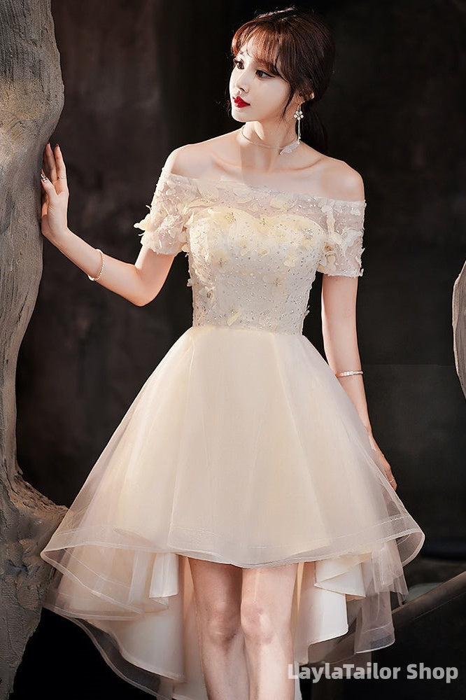 Light Champagne Tulle Short Sleeves High Low Homecoming Dress, Short Party Dress Prom Dress