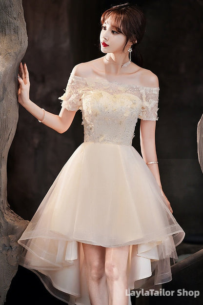 Light Champagne Tulle Short Sleeves High Low Homecoming Dress, Short Party Dress Prom Dress