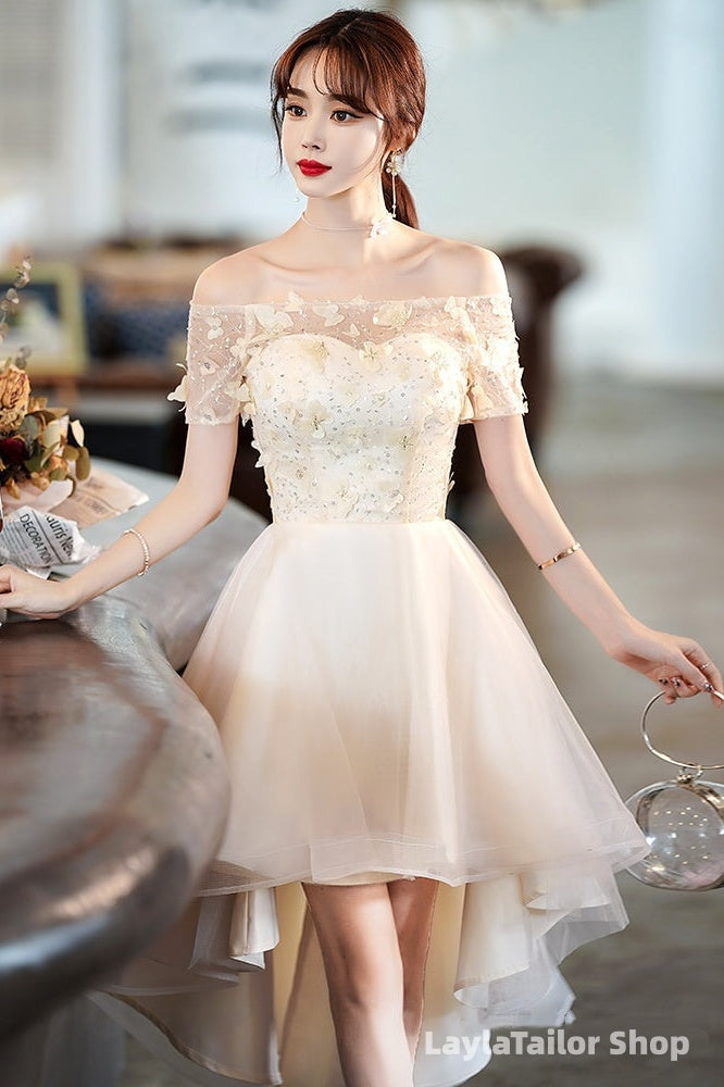 Light Champagne Tulle Short Sleeves High Low Homecoming Dress, Short Party Dress Prom Dress