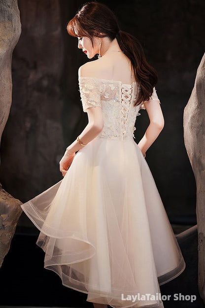 Light Champagne Tulle Short Sleeves High Low Homecoming Dress, Short Party Dress Prom Dress