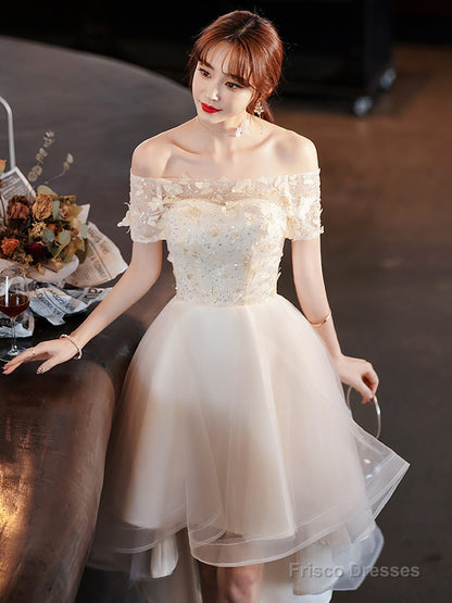 Light Champagne Tulle Short Sleeves High Low Homecoming Dress, Short Party Dress Prom Dress