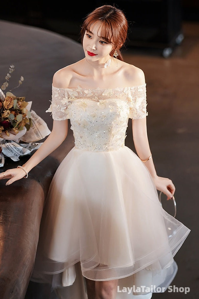 Light Champagne Tulle Short Sleeves High Low Homecoming Dress, Short Party Dress Prom Dress
