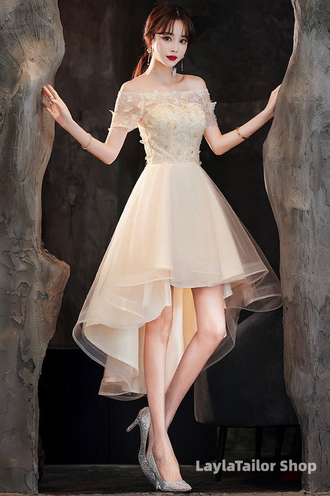 Light Champagne Tulle Short Sleeves High Low Homecoming Dress, Short Party Dress Prom Dress