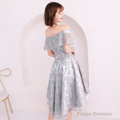 Light Grey Lace High Low Off Shoulder Homecoming Dress, Sliver-Grey Short Prom Dresses