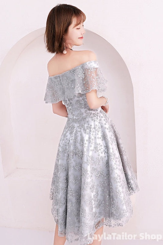 Light Grey Lace High Low Off Shoulder Homecoming Dress, Sliver-Grey Short Prom Dresses