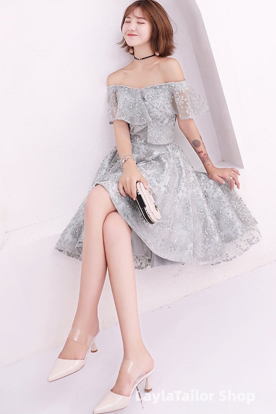 Light Grey Lace High Low Off Shoulder Homecoming Dress, Sliver-Grey Short Prom Dresses