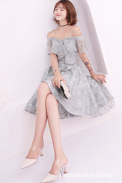 Light Grey Lace High Low Off Shoulder Homecoming Dress, Sliver-Grey Short Prom Dresses