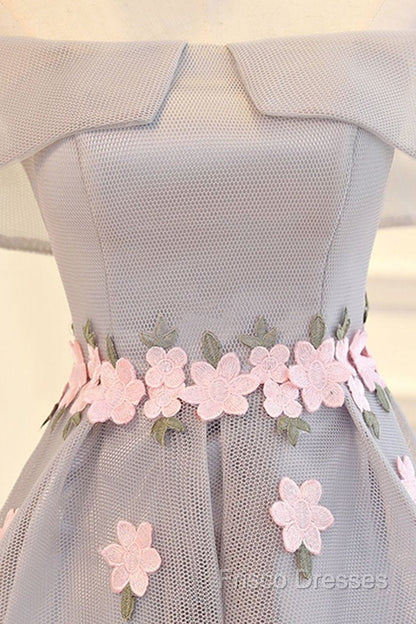 Light Grey Tulle With Flowers High Low Fashionable Party Dress, Grey Homecoming Dress