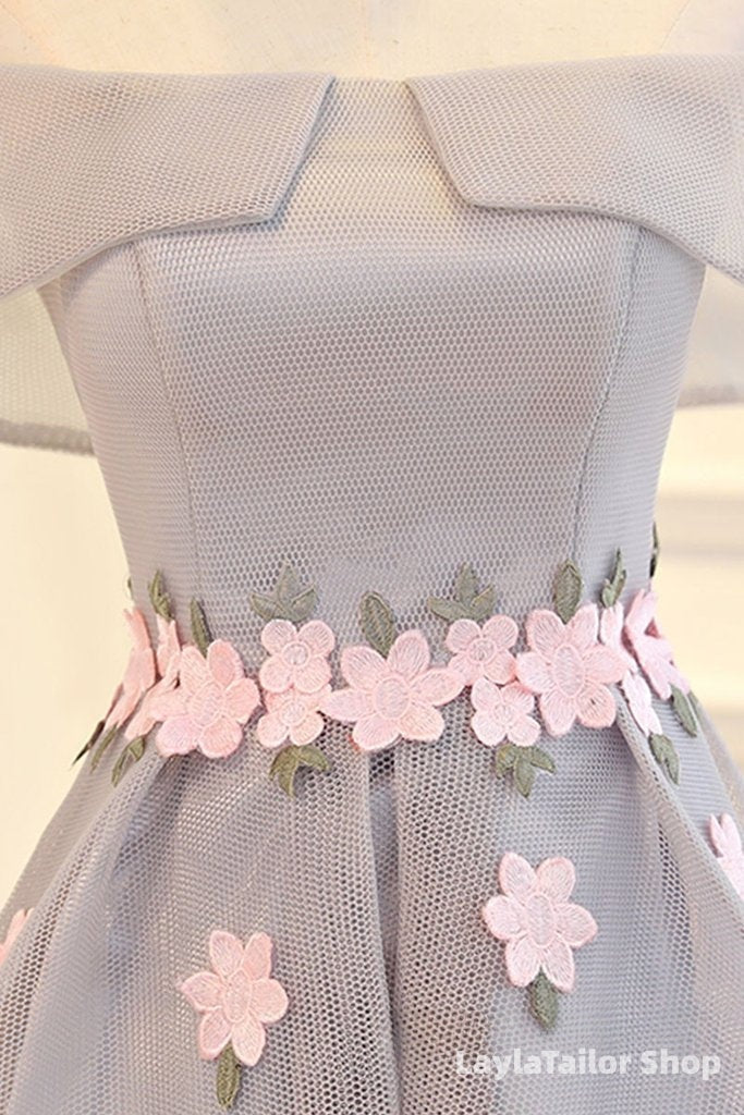 Light Grey Tulle With Flowers High Low Fashionable Party Dress, Grey Homecoming Dress