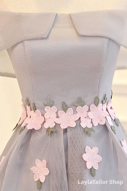 Light Grey Tulle With Flowers High Low Fashionable Party Dress, Grey Homecoming Dress