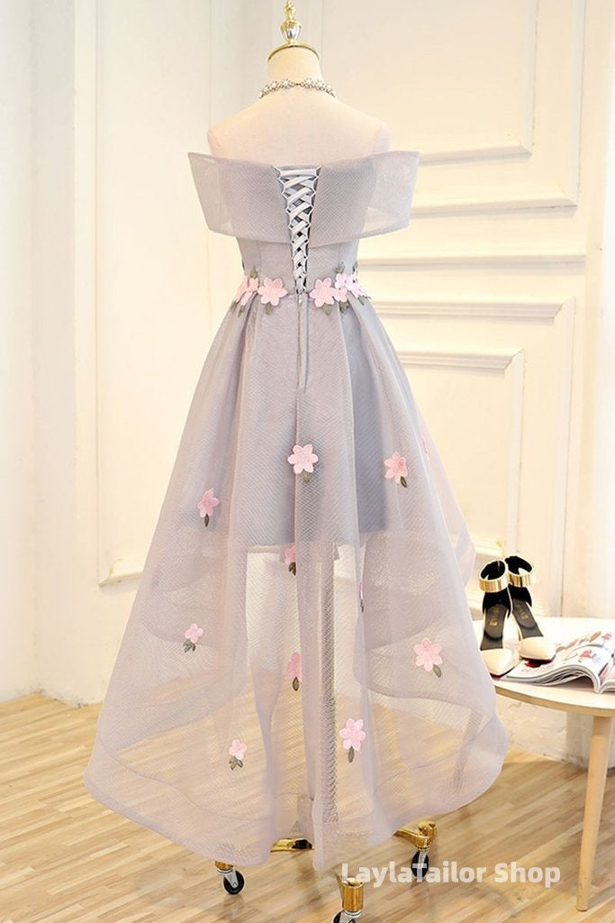 Light Grey Tulle With Flowers High Low Fashionable Party Dress, Grey Homecoming Dress