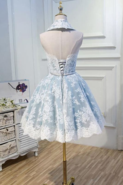 Light Sky Blue Halter Homecoming with Lace Appliques Cute Short Formal Dress