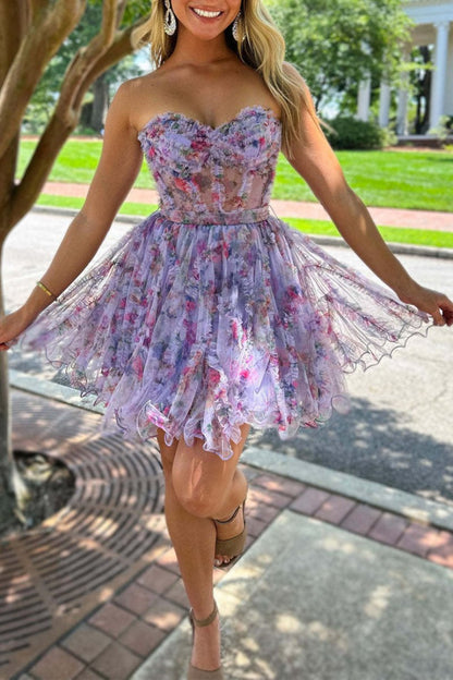 A Line Sweetheart Floral Homecoming Dress