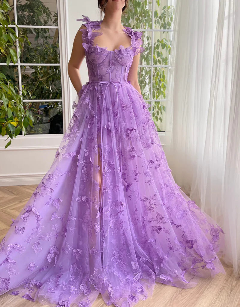 Purple A-Line Butterflies Appliques Prom Dress