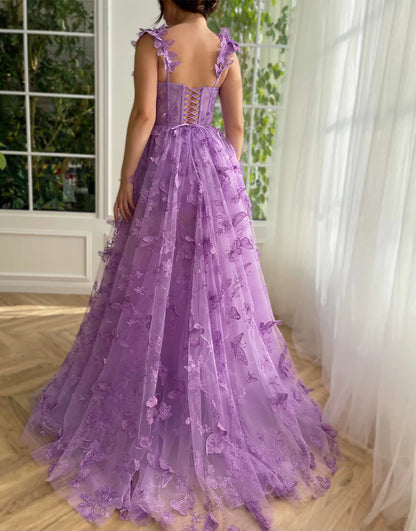 Purple A-Line Butterflies Appliques Prom Dress