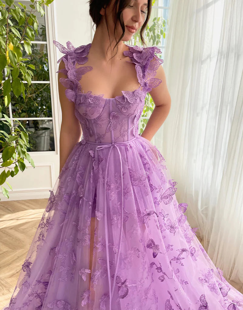 Purple A-Line Butterflies Appliques Prom Dress