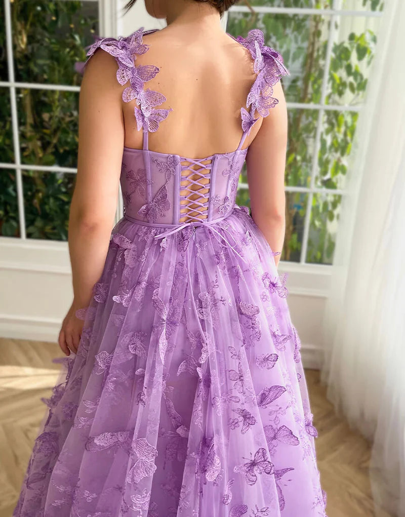 Purple A-Line Butterflies Appliques Prom Dress