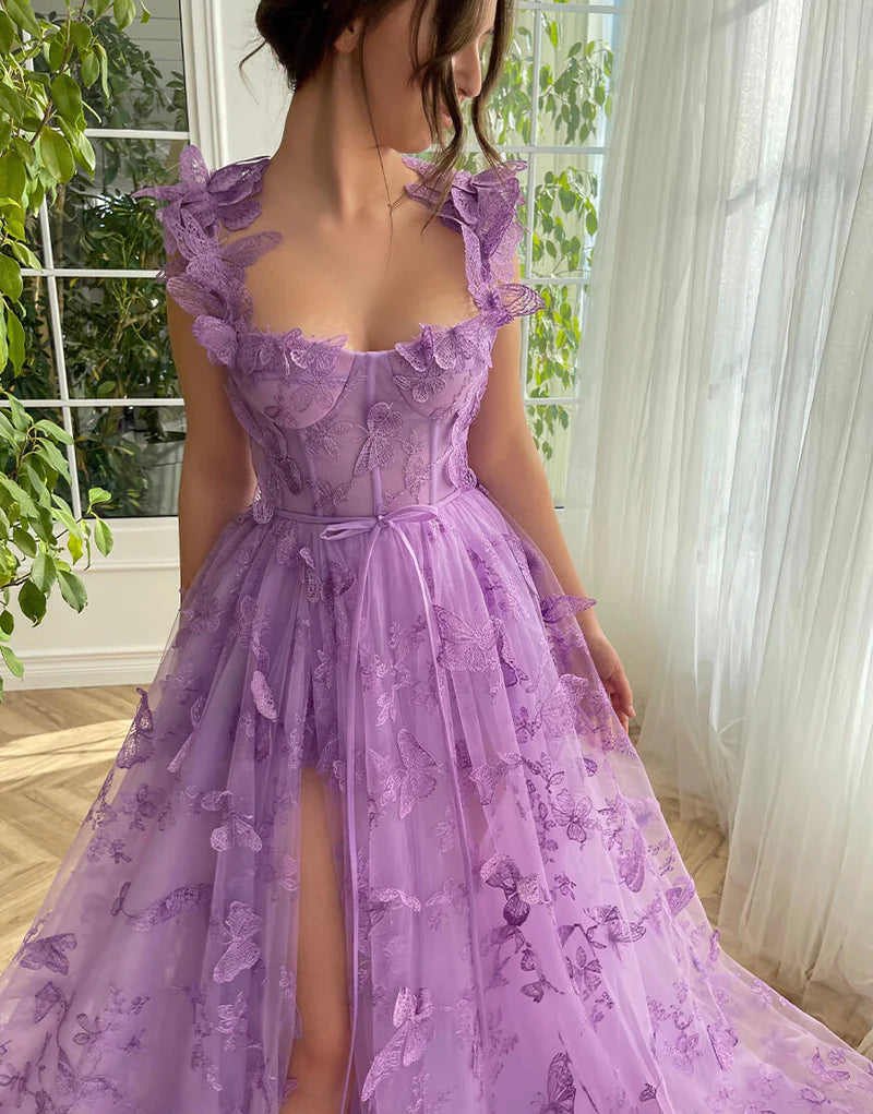 Purple A-Line Butterflies Appliques Prom Dress