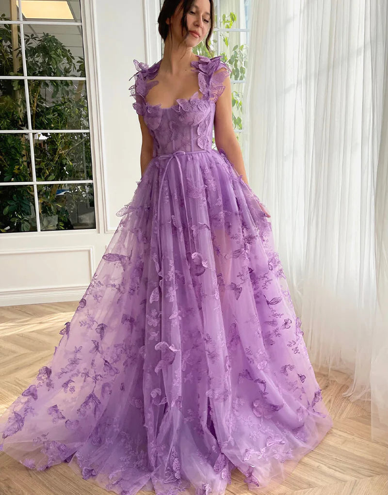 Purple A-Line Butterflies Appliques Prom Dress