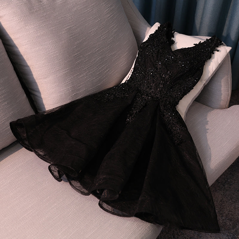 Lovely Black Lace V-Neckline Short Homecoming Dress, Black Party Dress