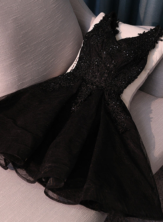 Lovely Black Lace V-Neckline Short Homecoming Dress, Black Party Dress