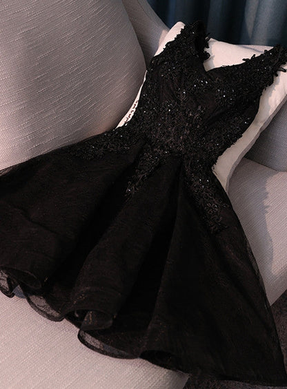 Lovely Black Lace V-Neckline Short Homecoming Dress, Black Party Dress