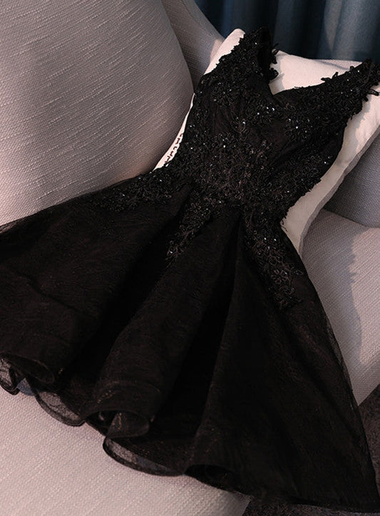 Lovely Black Lace V-Neckline Short Homecoming Dress, Black Party Dress