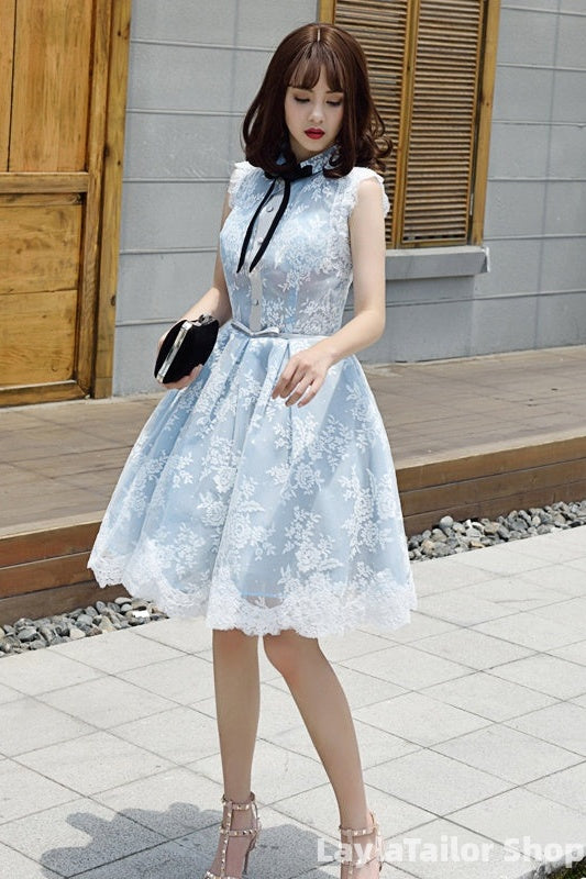 Lovely Lace Tulle Short High Neckline Homecoming Dress, Lace Short Party Dress Prom Dress