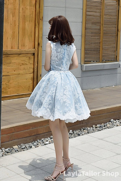 Lovely Lace Tulle Short High Neckline Homecoming Dress, Lace Short Party Dress Prom Dress
