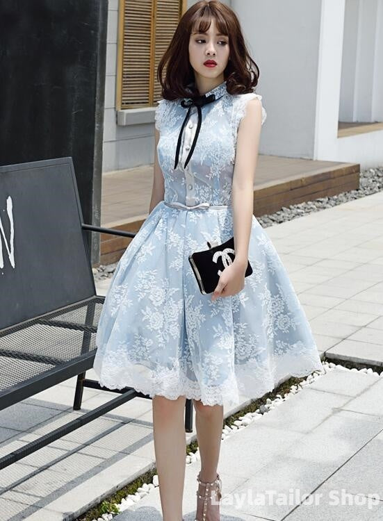 Lovely Lace Tulle Short High Neckline Homecoming Dress, Lace Short Party Dress Prom Dress