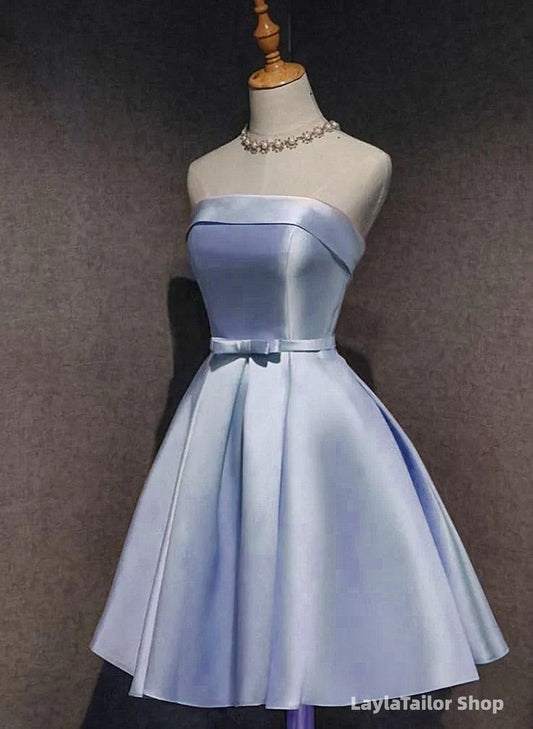 Lovely Light Blue Satin Knee Length Homecoming Dress, Blue Short Party Dress