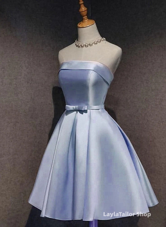 Lovely Light Blue Satin Knee Length Homecoming Dress, Blue Short Party Dress