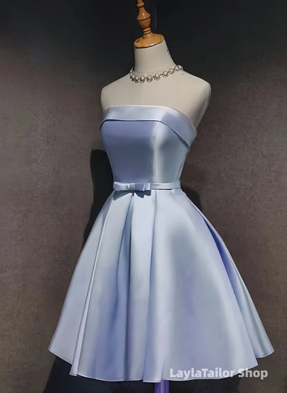 Lovely Light Blue Satin Knee Length Homecoming Dress, Blue Short Party Dress