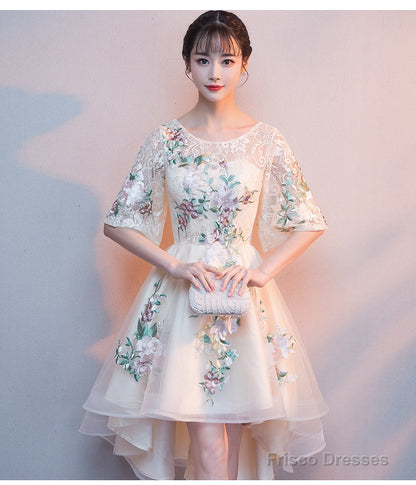 Lovely Light Champagne Tulle With Lace Applique Short Sleeves Party Dresses, High Low Homecoming Dresses