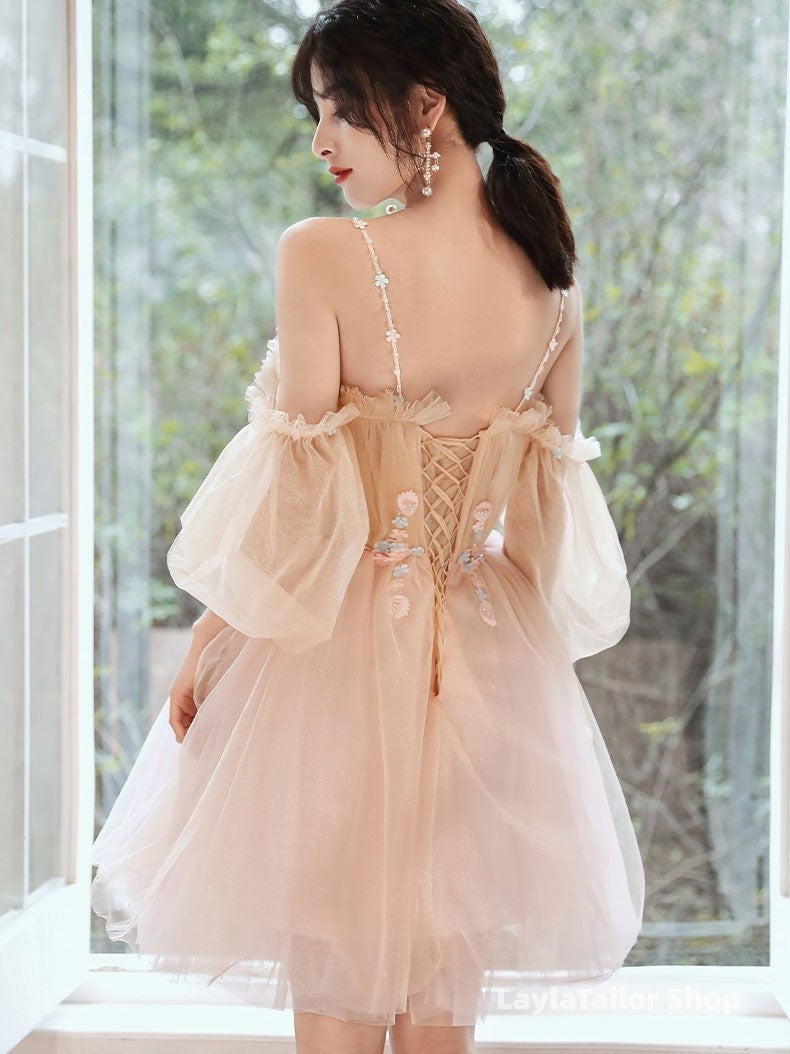 Lovely Light Pink And Champagne Short Prom Dress With Lace Applique. Short Homecoming Dresses