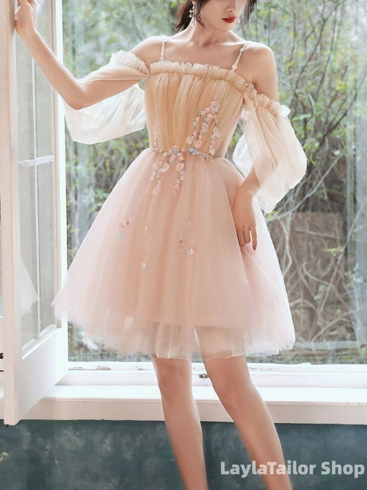 Lovely Light Pink And Champagne Short Prom Dress With Lace Applique. Short Homecoming Dresses