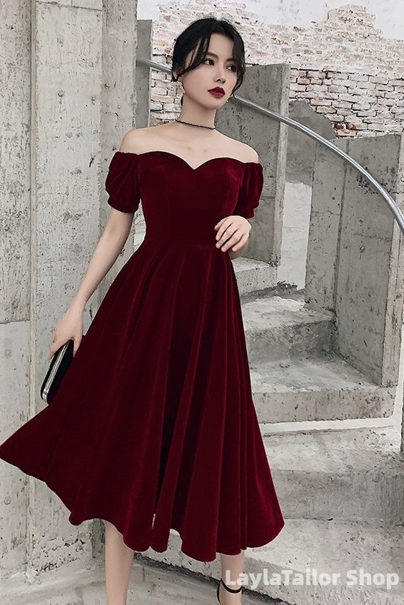 Lovely Wine Red Short Sleeves Velvet Homecoming Dress, Burgundy Prom Dress Formal Dress