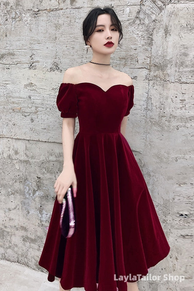 Lovely Wine Red Short Sleeves Velvet Homecoming Dress, Burgundy Prom Dress Formal Dress