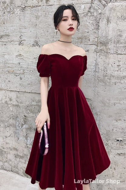 Lovely Wine Red Short Sleeves Velvet Homecoming Dress, Burgundy Prom Dress Formal Dress