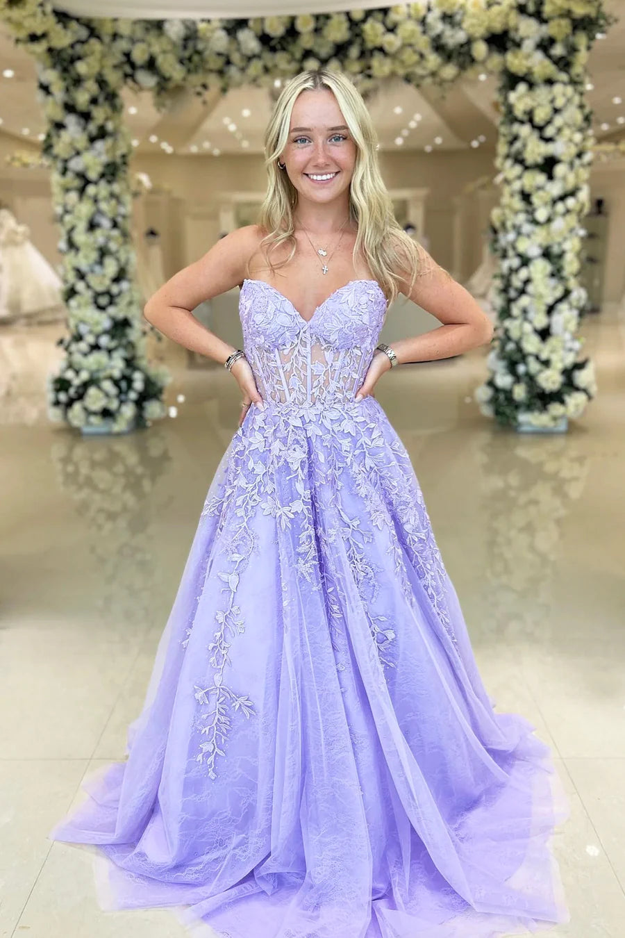 Lilac Applique Beaded Long Prom Dresses