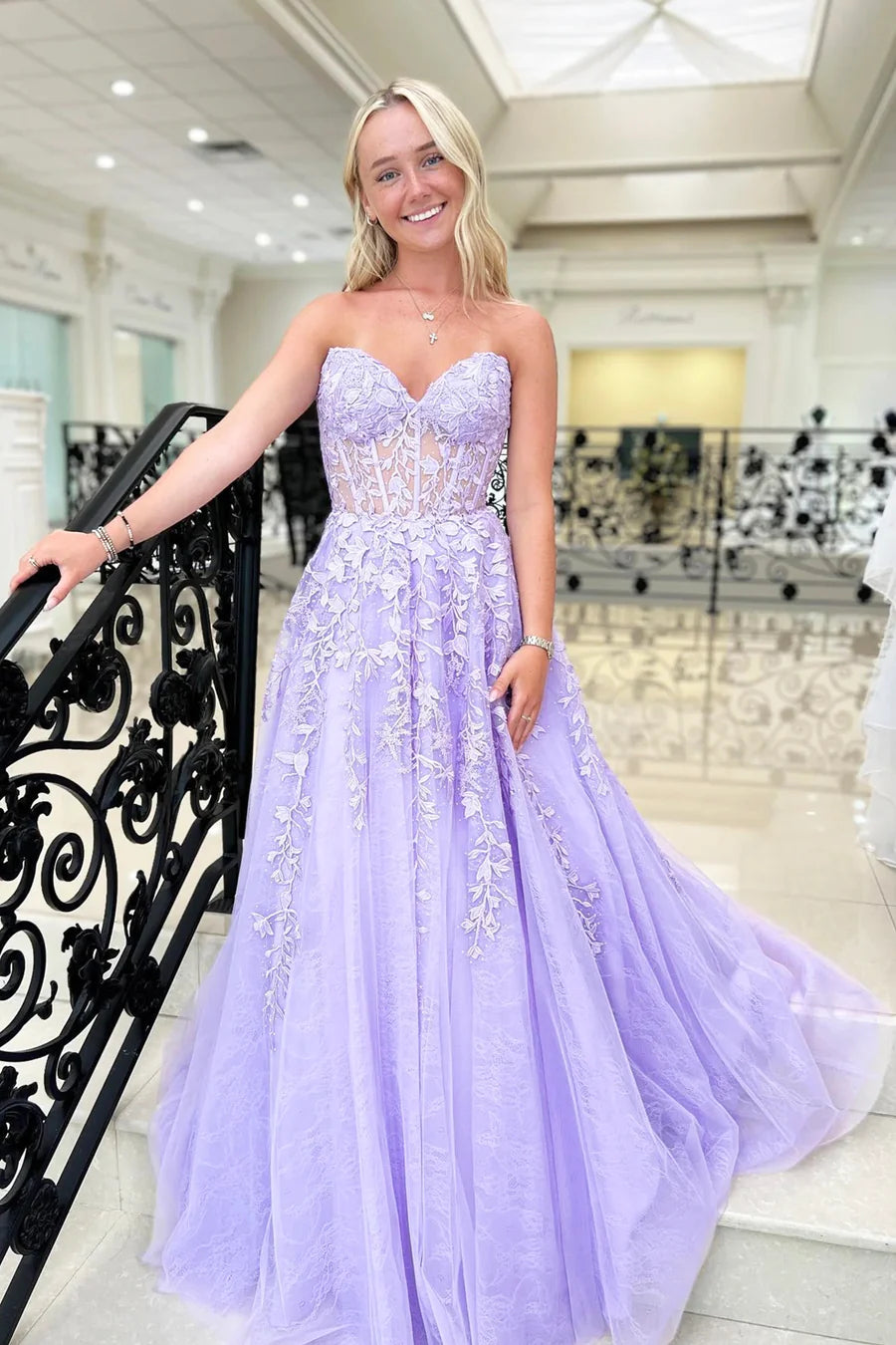 Lilac Applique Beaded Long Prom Dresses