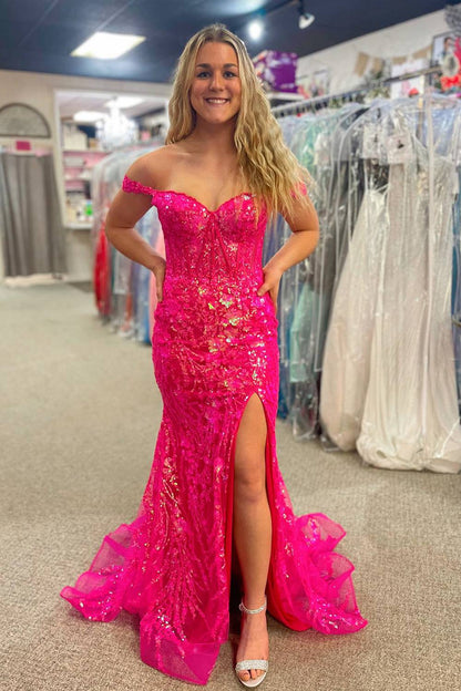 Off The Shoulder Lace Sequins Long Prom Dress