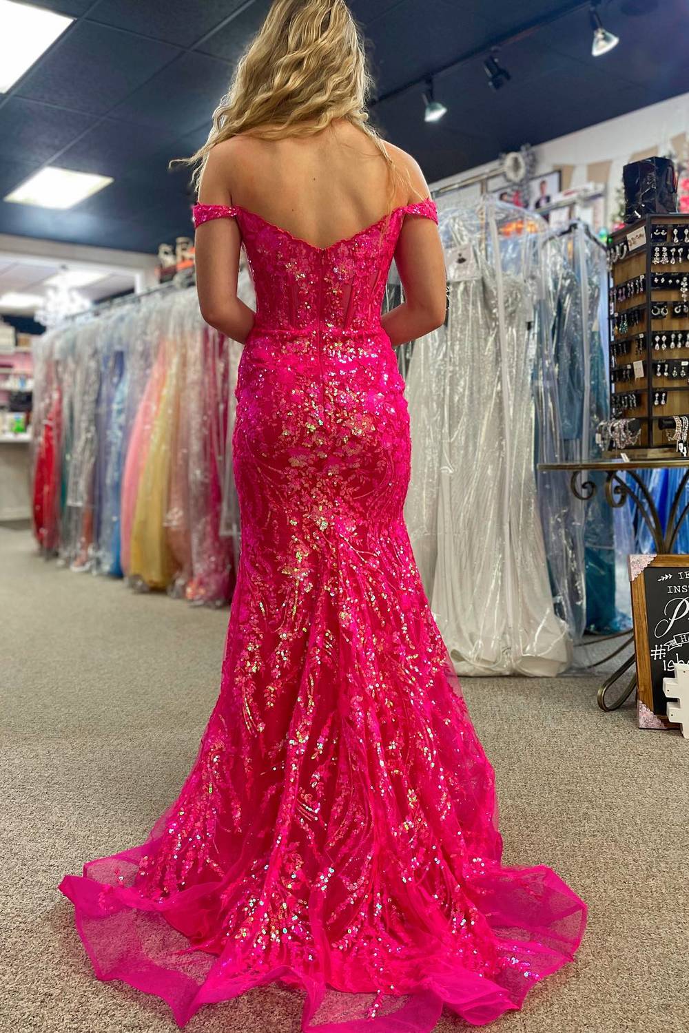 Off The Shoulder Lace Sequins Long Prom Dress