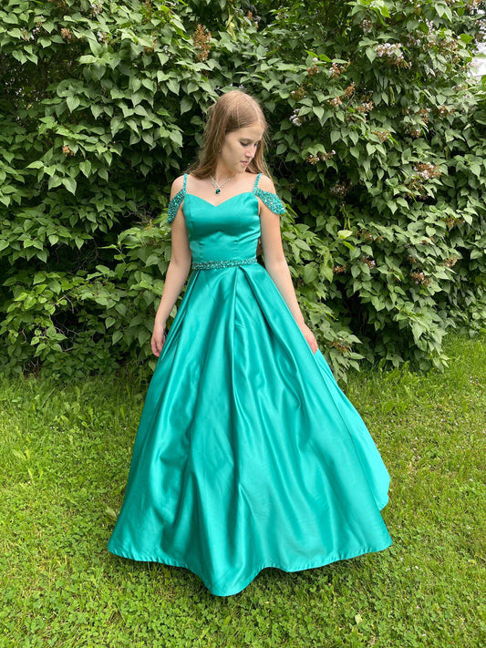 Off The Shoulder Satin Beading Senior Prom Dress