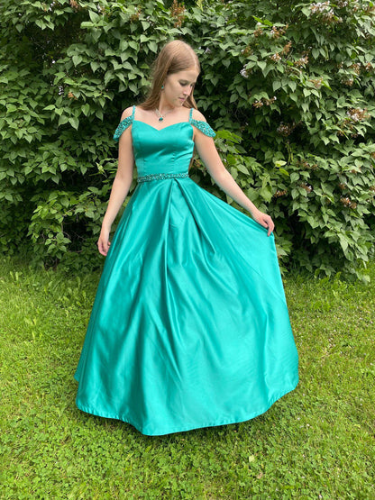 Off The Shoulder Satin Beading Senior Prom Dress