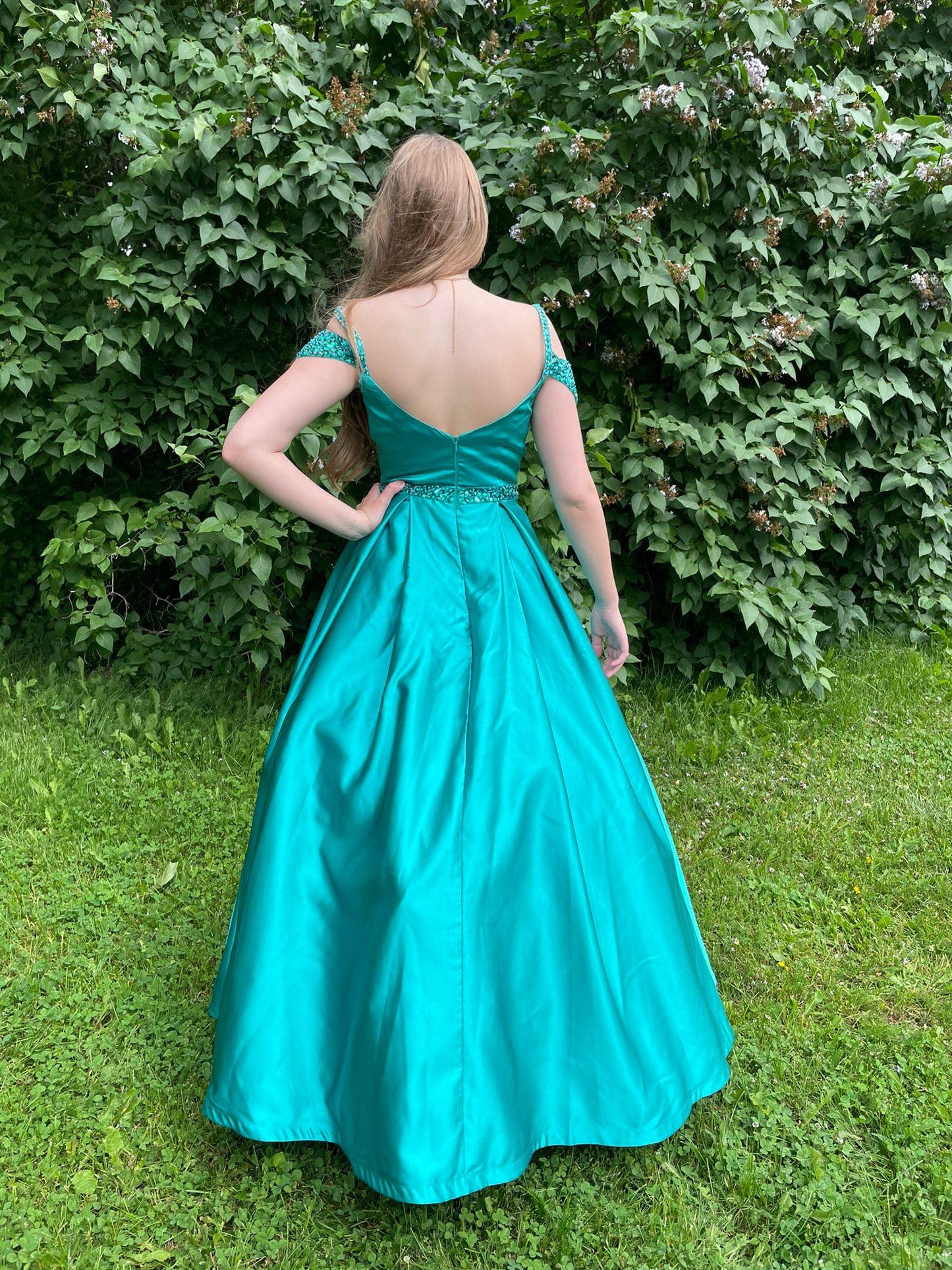 Off The Shoulder Satin Beading Senior Prom Dress