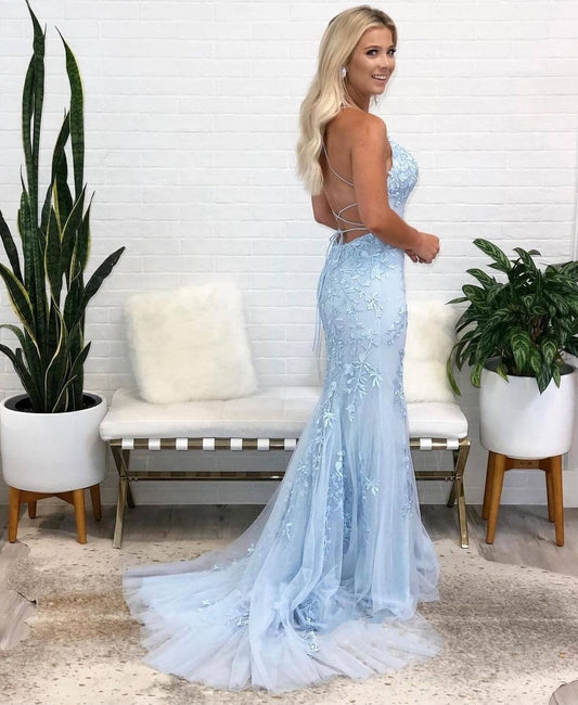 Baby Blue Lace Bodycon Lace Up Back Prom Dress