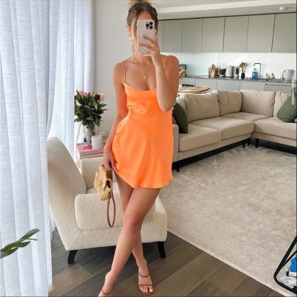 Modest A Line Spaghetti Straps Orange Satin Short Formal 8Th Grade Homecoming Dresses Middle School Semi Mini Formal Hoco Dress Backless Cocktail Outfits