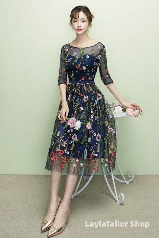 Navy Blue Floral Lace Short Bridesmaid Dresses, Cute Blue Homecoming Dress Prom Dress