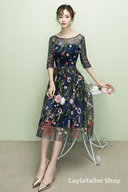 Navy Blue Floral Lace Short Bridesmaid Dresses, Cute Blue Homecoming Dress Prom Dress